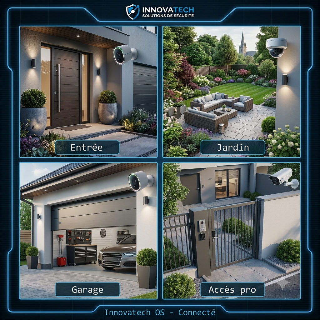 Aperçu des caméras Innovatech : entrée, jardin, garage, accès professionnel